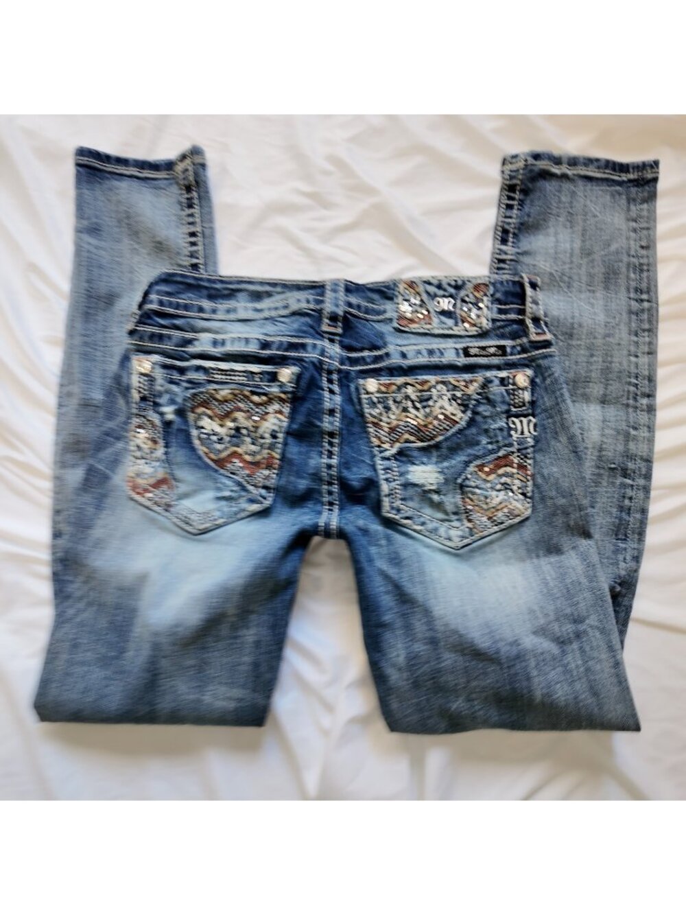 Miss Me Jeans Skinny Chevron Pocket Rhinestone Y2K McBling Blue Denim Size 28 M